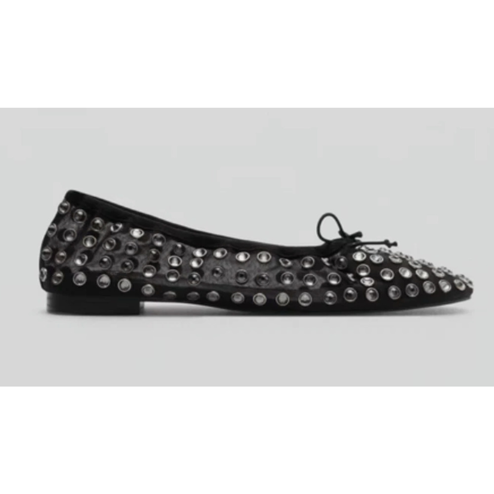 NEW MANGO MNG BLACK STUDDED RHINESTONE MESH BALLERINA BALLET FLATS SHOES 38 7.5 - Picture 2 of 14